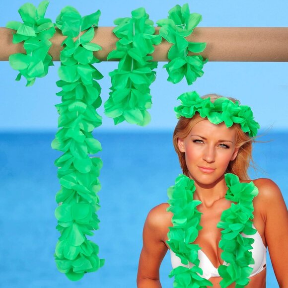 8pcs/2set Green Leis Hawaiian Headpiece Leis Flower Outfits Headband Necklace Br - Picture 6 of 7